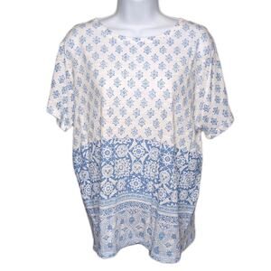 Lucky Brand Knit Top T-Shirt Womens M White Blue Boho Print Cotton Blend NEW NWT